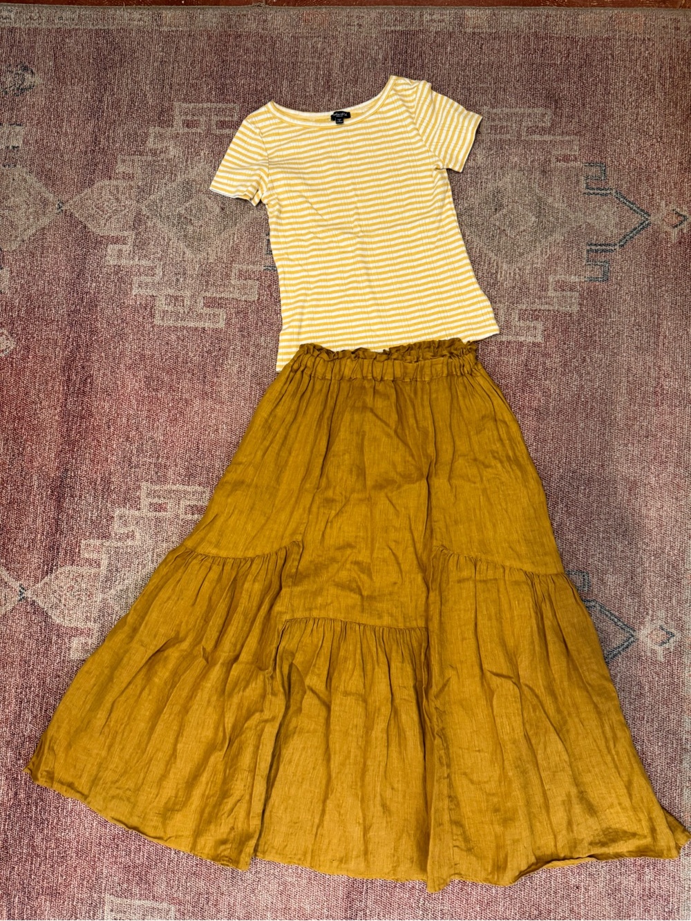 CP shades linen pull on mustard tiered a line maxi skirt size small like new